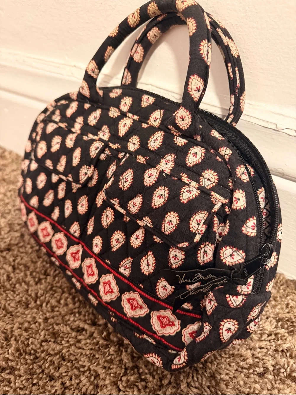 Vera Bradley Black Tote with Cream and Red Paisley Motif